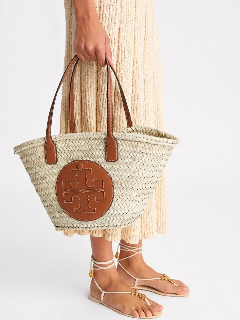 TORY BURCH Ella Straw Basket Tote in Color Natural / Classic Cuoio NWT